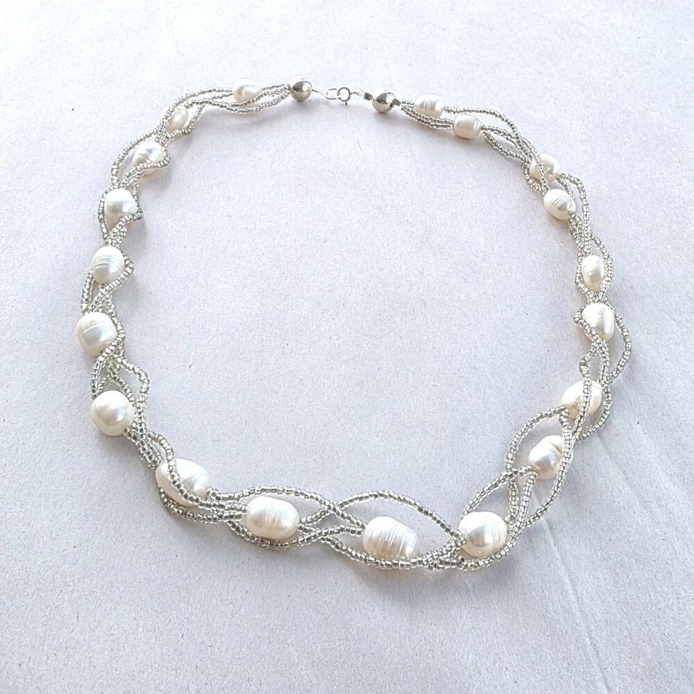 Sterling Silver 925 Multi Strand Woven White Pearl Necklace Classic Preppy New